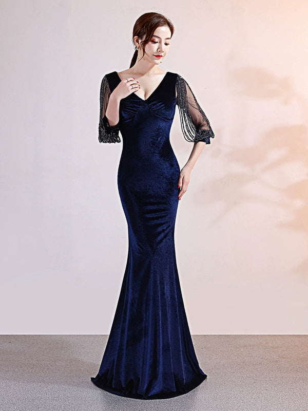 High-end golden velvet shiny toast dress women's high-end noble temperament elegant long-sleeved fishtail evening dress