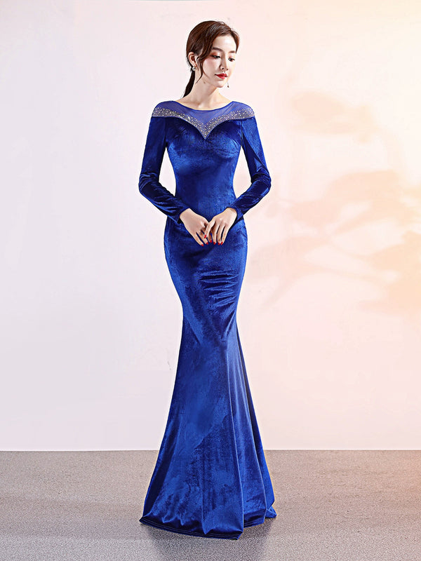 Velvet banquet evening dress women's long-sleeved company annual meeting host party party wedding long fishtail dress