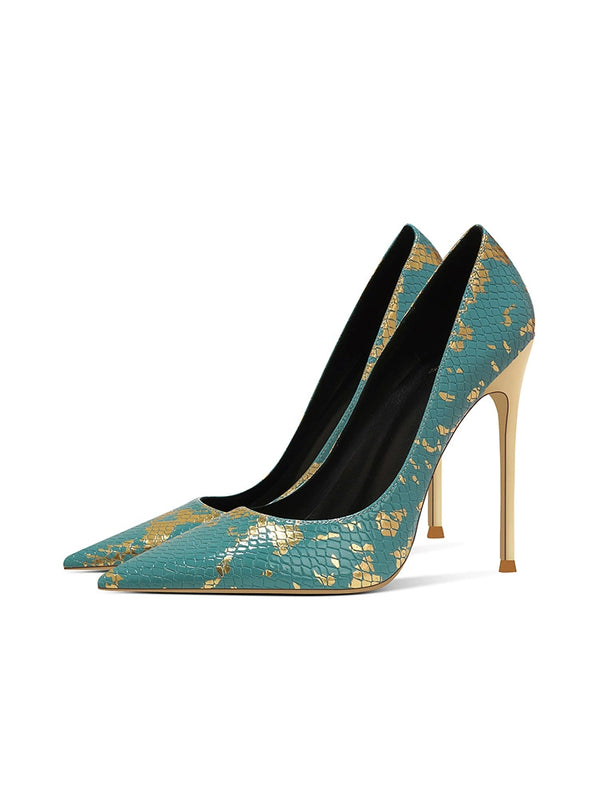spring and summer new fashion snake pattern high heels women's thin heels sexy shallow mouth 10cm temperament beautiful pointed shoes
