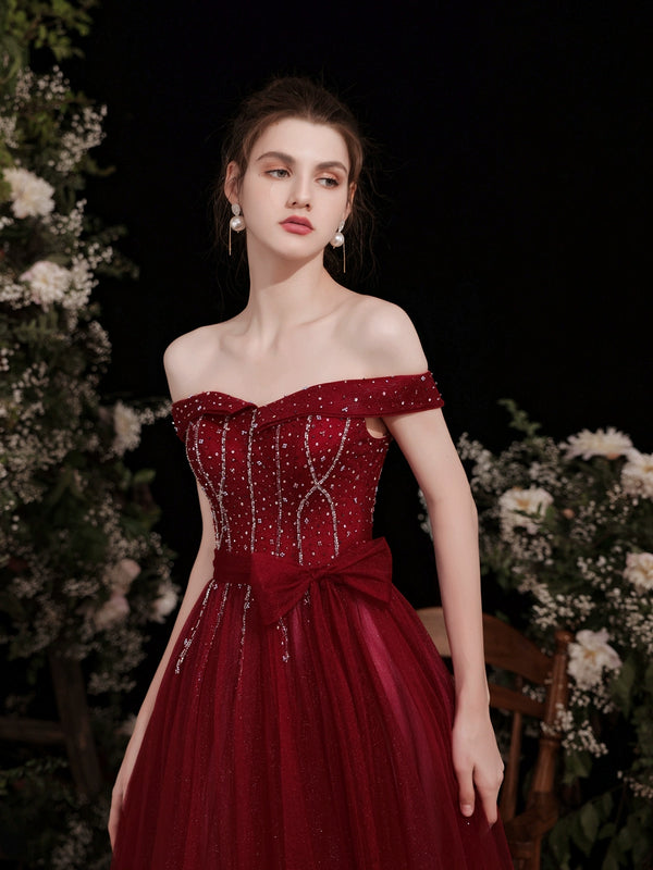 Toast clothes Bride wedding spring  new one-word shoulder heavy industry temperament red dress Back door women look thin
