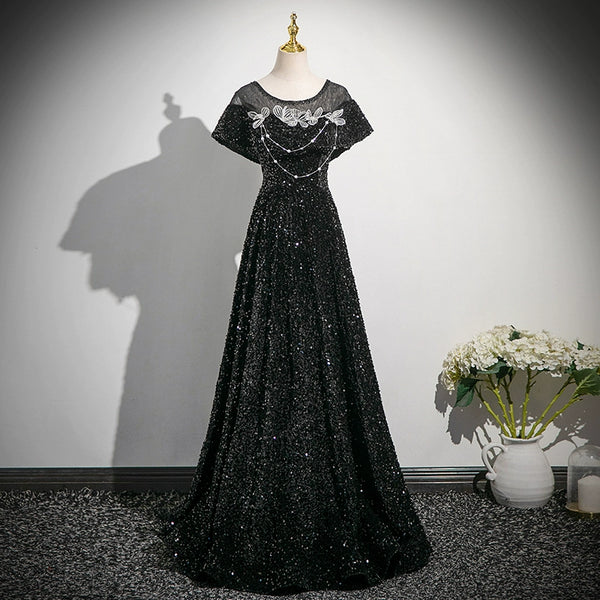 Black evening dress women's skirt women's new sequins light luxury niche high-end banquet temperament host looks thin and advanced