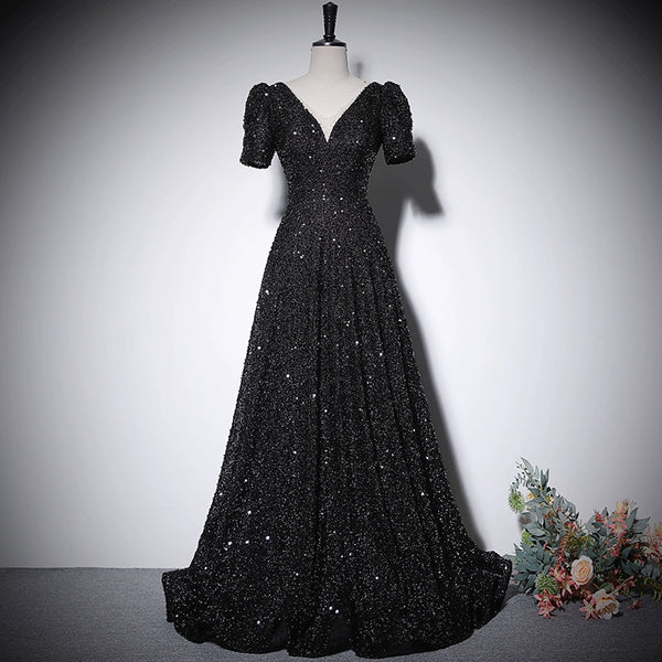 Black evening dress dress women's high-end sense sequins high-end light luxury haute couture  host celebrity temperament Muse Fan