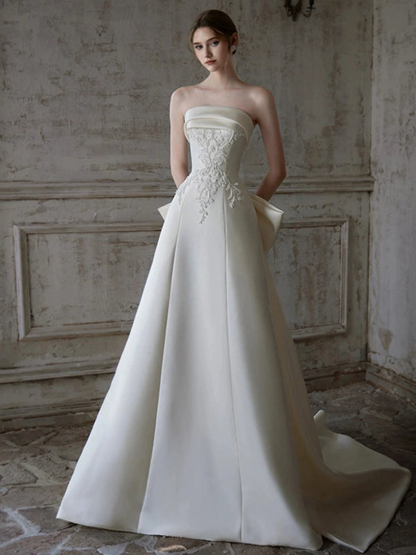 retro tube top evening dress dress women's banquet annual meeting white satin simple design bridal engagement toast dress