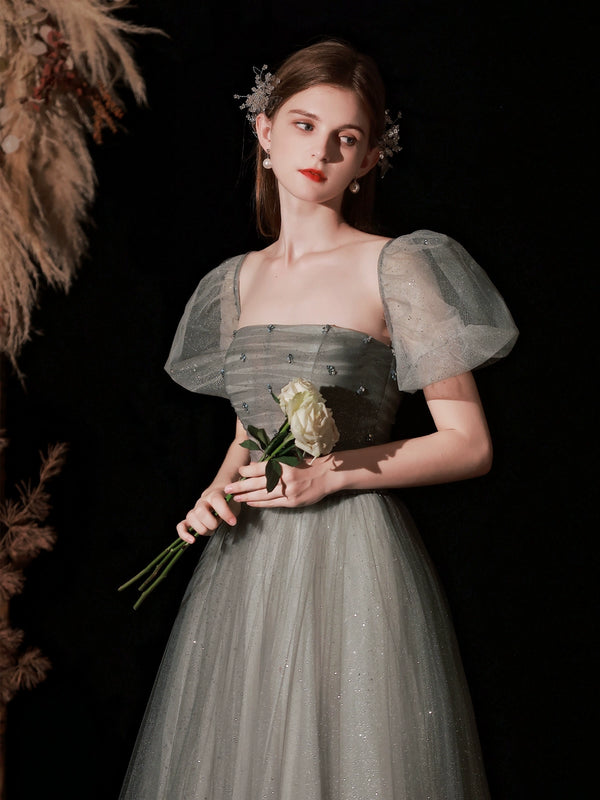 Banquet evening dress  new spring toast bride wedding temperament bubble sleeve long dress princess gray green woman