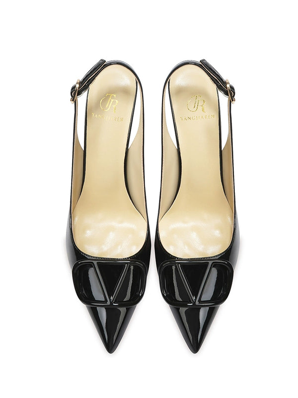 Black patent leather V-buckle sandals women's thin heels  summer new red sole sexy pointed empty word with high heels