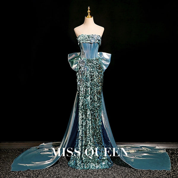 Dress high-end light luxury high-end tube top fishtail slim sequins blue beautiful light dress toast dress bride