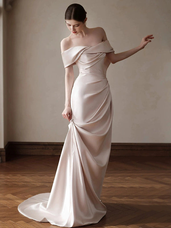 Evening dress shoulder  new simple satin niche morning robe temperament banquet socialite engagement toast women