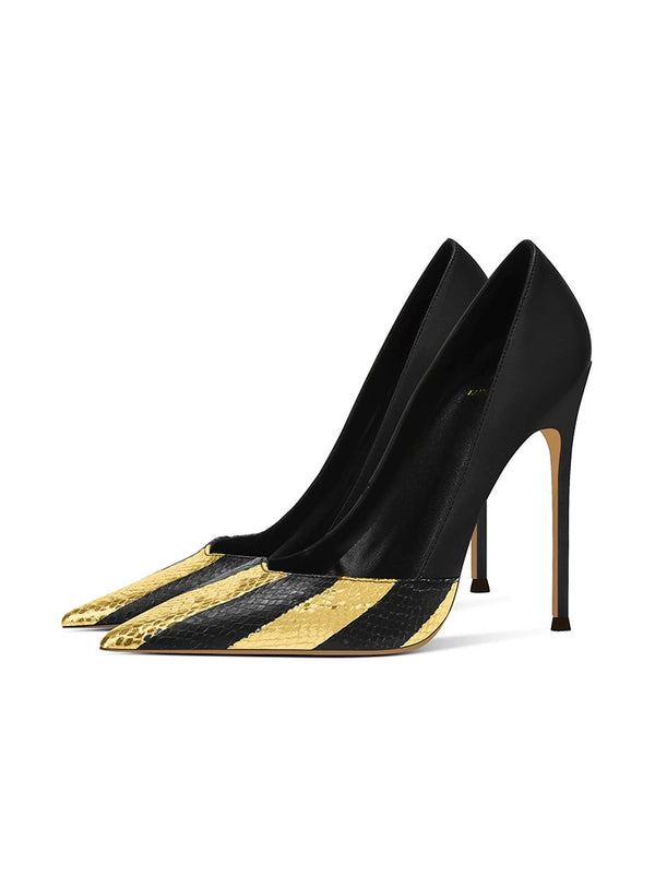 Snake splicing high heels women's thin heels  early spring new  black light mouth fashion temperament pointed single shoes