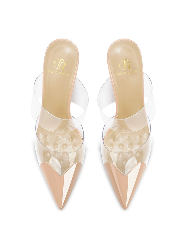 summer new fashionable transparent splicing outer slippers women's thin heels sexy pointed patent leather bag head cool slippers
