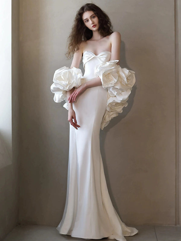 Travel Photography Light Wedding Dress Flower Bride Simple Fishtail Going Out Dress Dinner High-end White Satin Dress Women