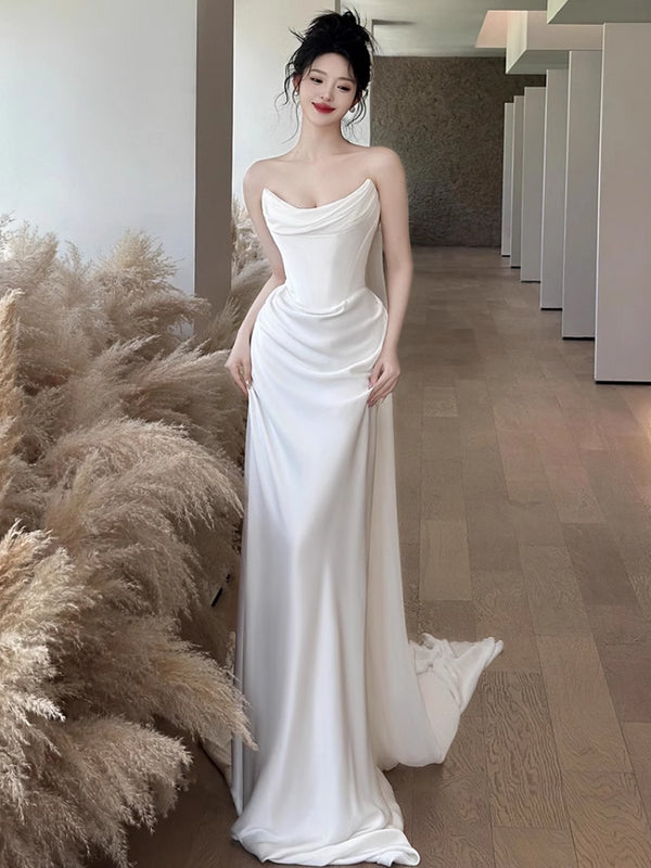 Empress Dowager Light Wedding Dress Tube Top Niche Light Luxury Welcome Bride Toast Dress White Satin Engagement Dress Women