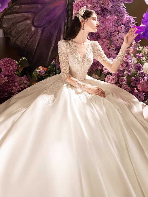 Odelia "Diana" V-neck Long-sleeved Winter  New Wedding Dress Bridal Satin Trailing Main Dress