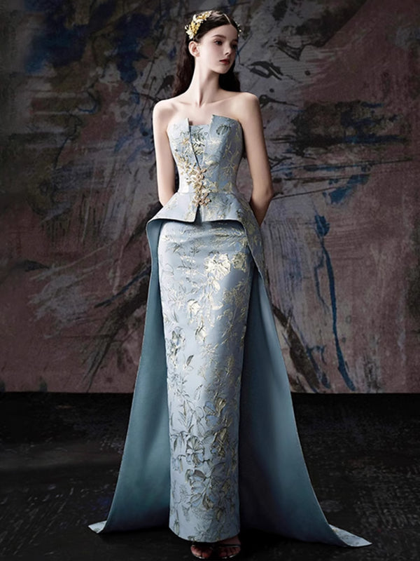 Tube Top Embroidered Evening Dress Women's Engagement Blue Small Fishtail Skirt Bride Toast New Chinese Morning Gown