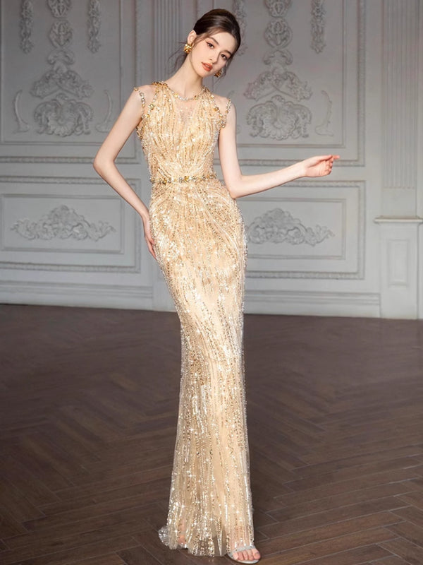 Gold Heavy Industry Evening Dress Women's High-end Banquet Light Luxury Temperament Socialite Engagement Sequined Fishtail Dress Toast Dress Bride